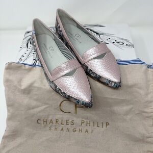 Charles Philip Shanghai Pink Loafers with black tattoo flower print size 7
